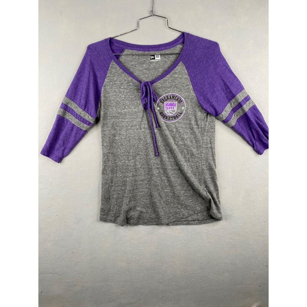 New Era Sacramento Kings Womens Lace Up V-Neck Raglan Shirt Grey Purple Large